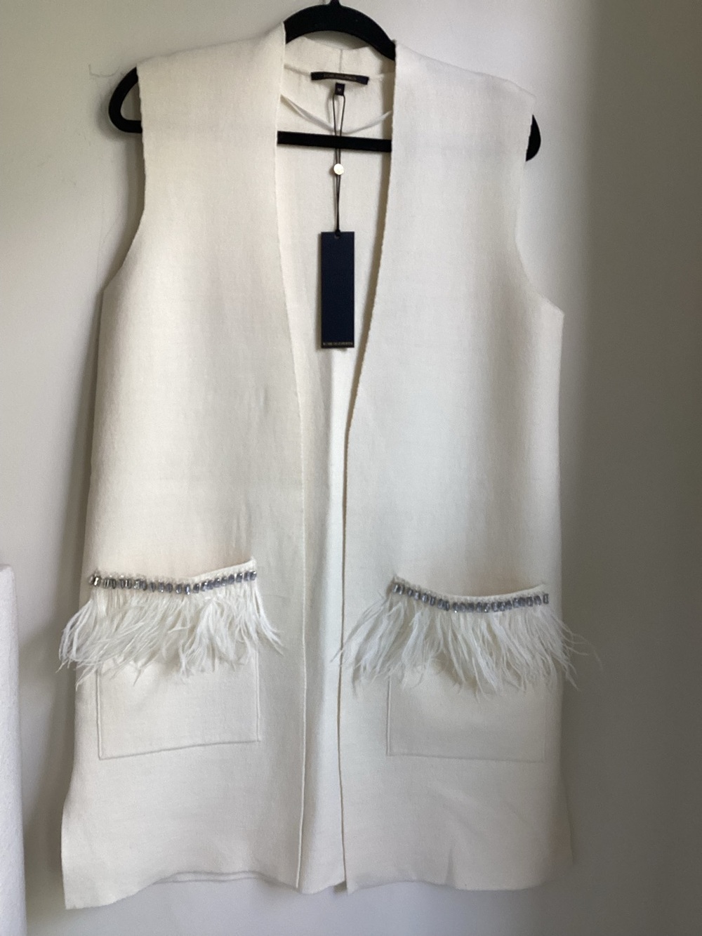 Kobi Halperin Becca Sweater Vest  Medium Ivory Ostrich Feathers Open Front NWT